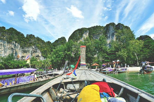 Scenic view from a longtail boat cruising near Ao Nang, Krabi, Thailand.