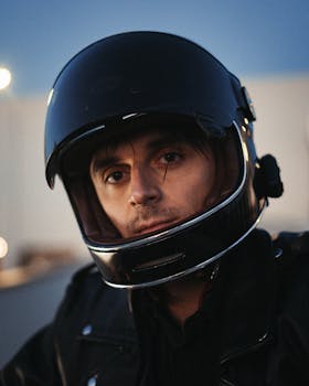 Portrait of a motorcyclist wearing a leather jacket and helmet during twilight, capturing a moody tone.
