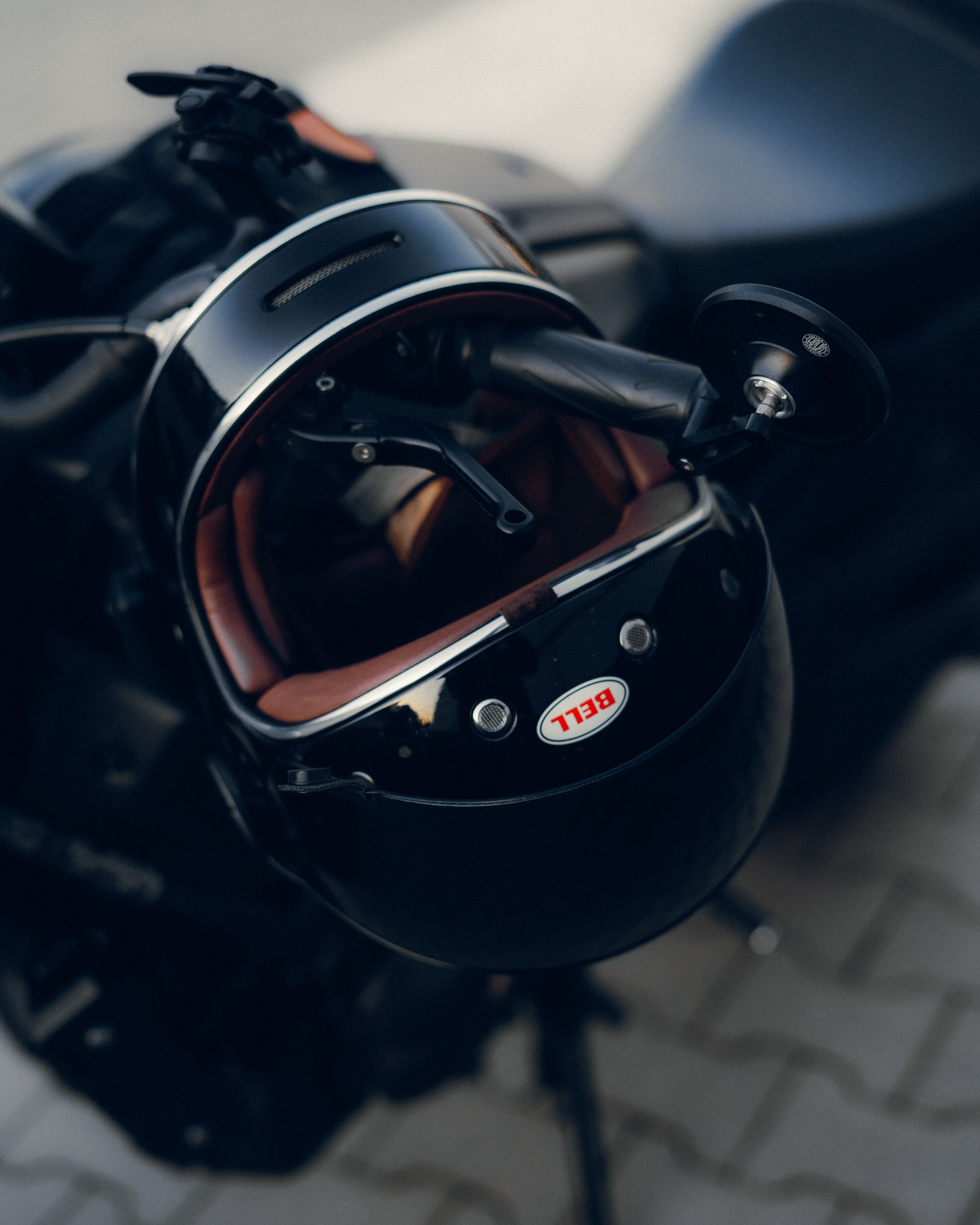 DOT-certified motorcycle helmet on a classic motorcycle