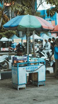 Traditional street food vendor selling Basreng in West Java, Indonesia.