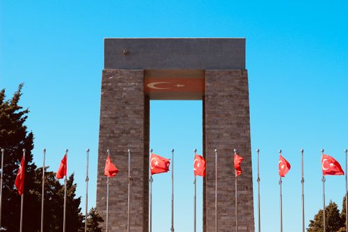 Free The Turkish national monument with multiple flags waving under a clear blue sky, symbolizing patriotism. Stock Photo