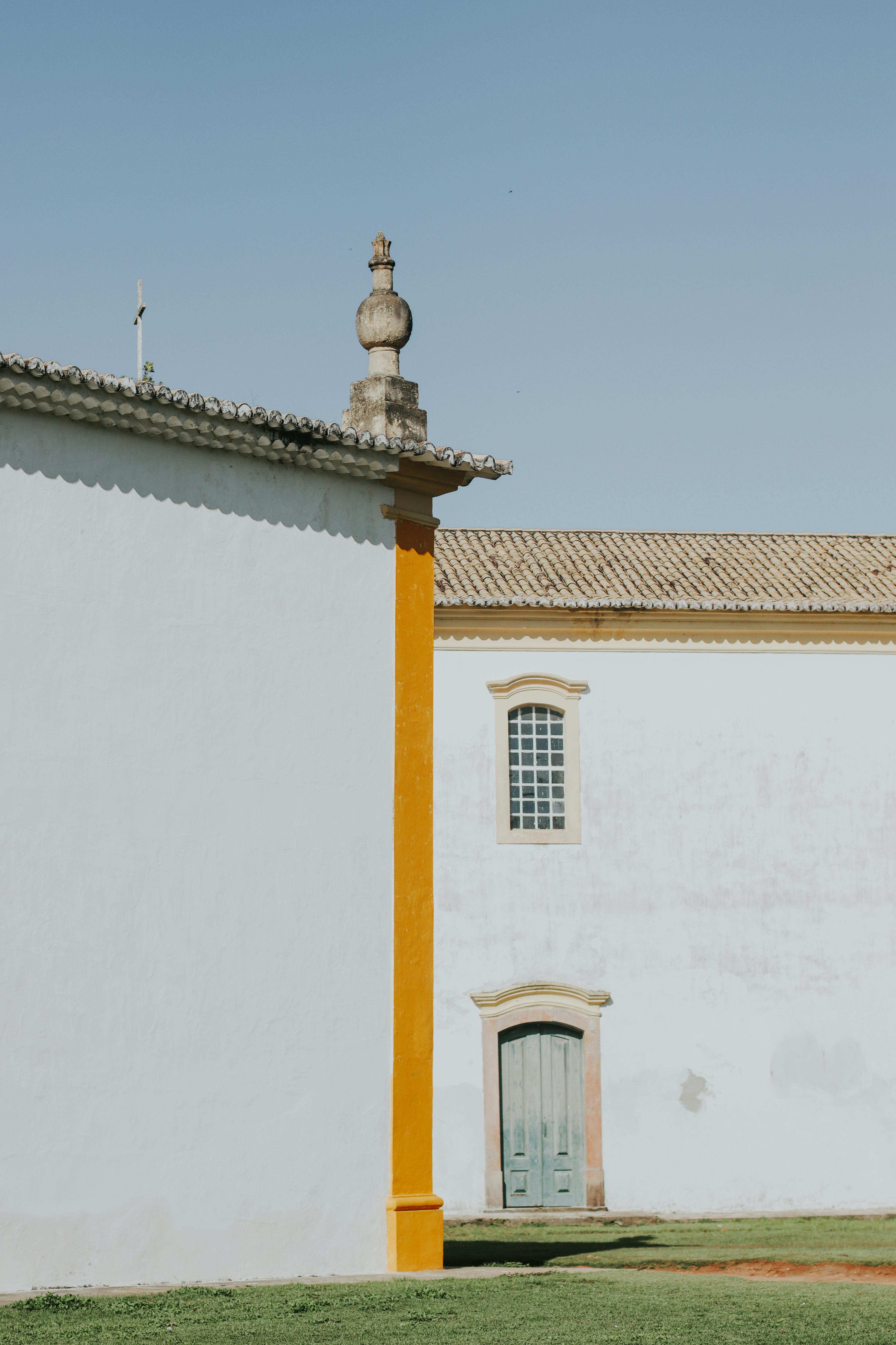 A view of a colonial-era building with distinctive architecture in Porto Seguro, Brazil.