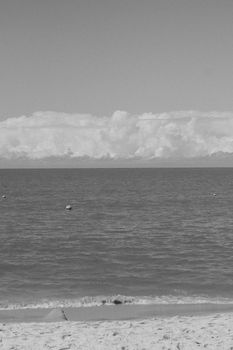 A serene black and white photograph of a beach in Porto Seguro, Bahia, Brazil, depicting calm waters and a sandy shore.