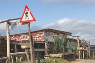 Charming rural market stall with rustic signage and agave plants in Eswatini.
