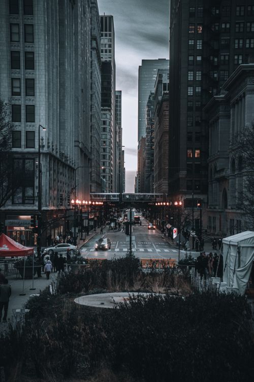 Free Street view of a city with towering skyscrapers and bustling activity at dusk. Stock Photo