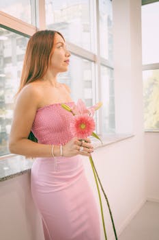 Elegant woman in pink dress holding a flower indoors in Buenos Aires.