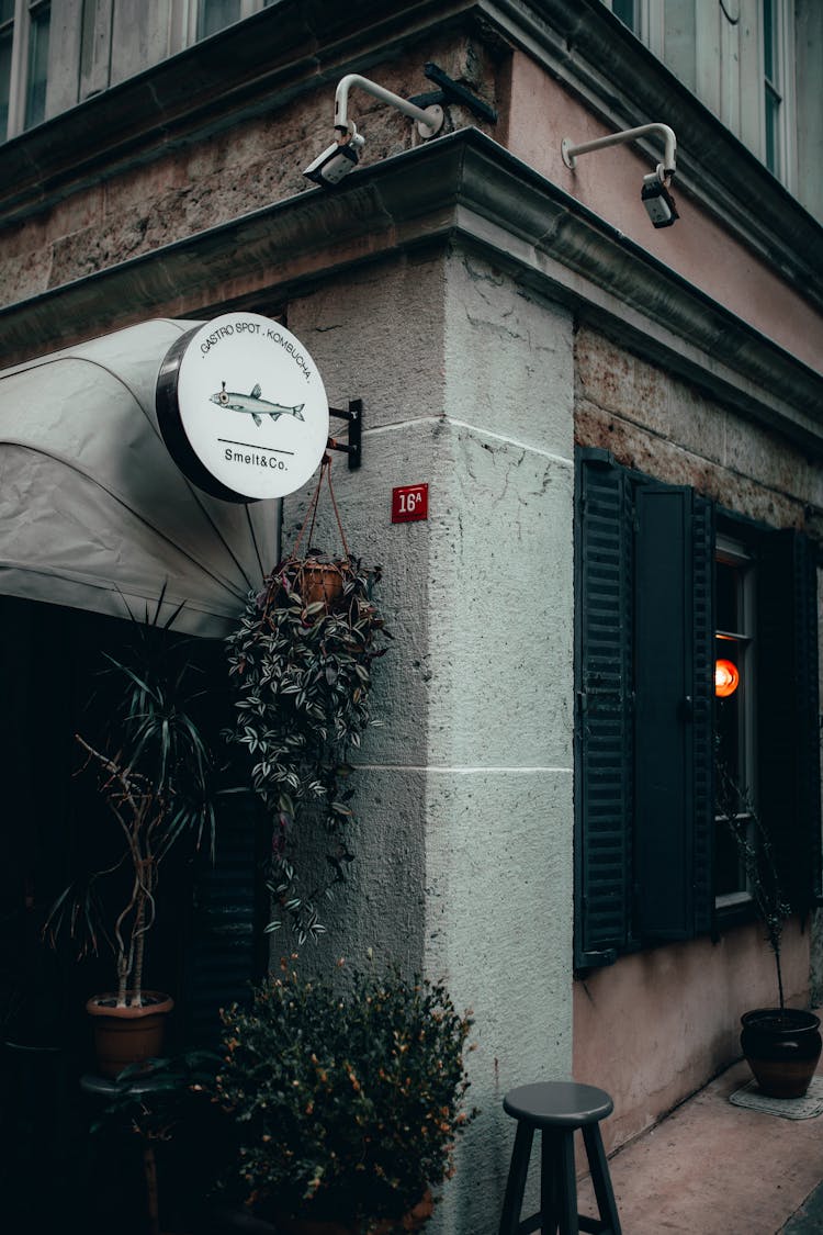 Corner Of Old City Cafe With Signboard Representing Fish