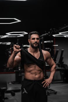 Fit man showcasing his physique in a modern gym environment.