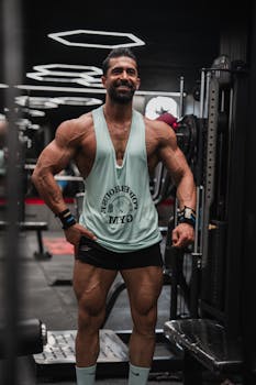 Fit man in gym wearing Powerhouse tank top, showcasing muscles amidst workout equipment.