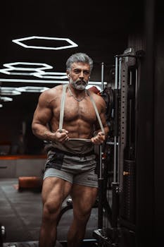 Muscular senior man working out in a contemporary gym, showcasing fitness and strength.