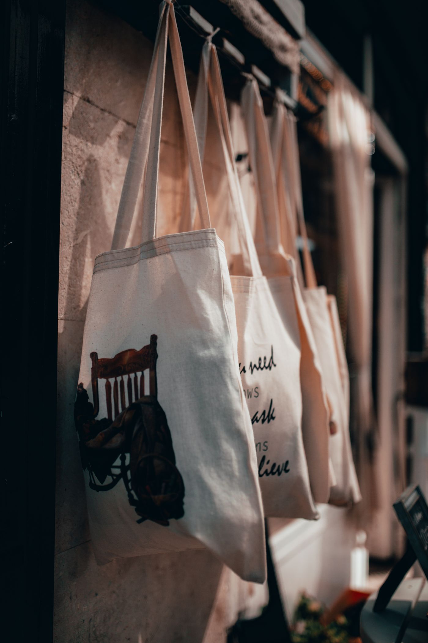 Canvas tote bags displayed for retail and commercial use