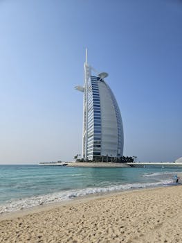 Stunning view of the Burj Al Arab hotel on a sunny day in Dubai, UAE.