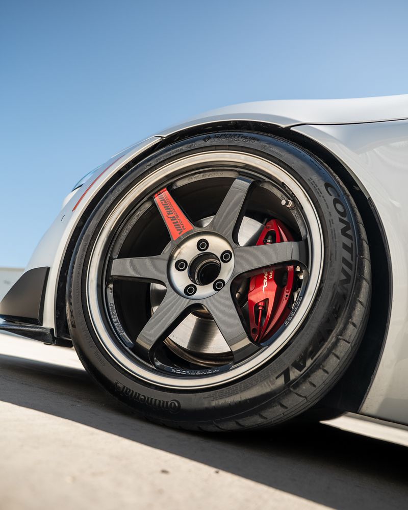 Black alloy wheel on sports car