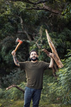 Smiling man with axe and wooden log in lush forest. Adventure and forestry concept.