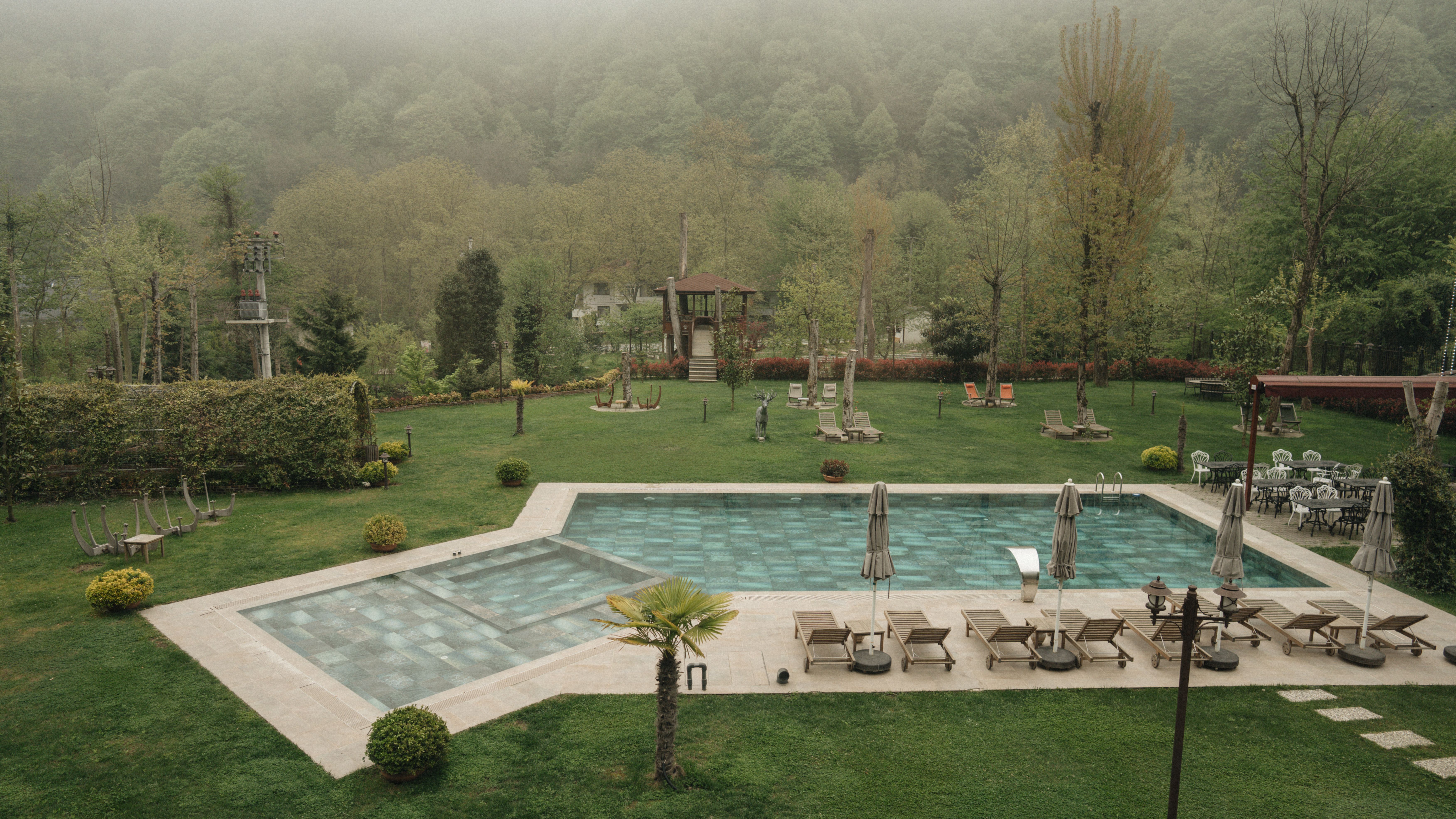 Une piscine extérieure paisible entourée d'une végétation luxuriante et de bois brumeux, parfaite pour la détente.