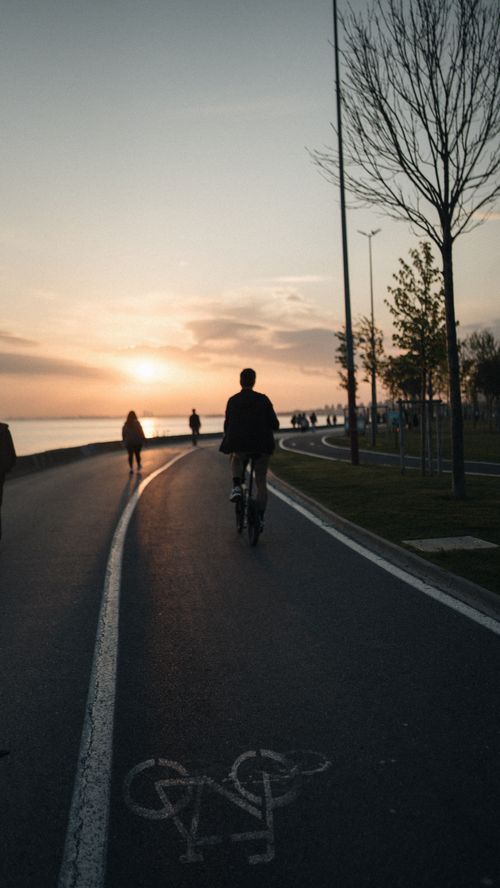 Free People biking and walking at sunset along a scenic waterfront path. Stock Photo