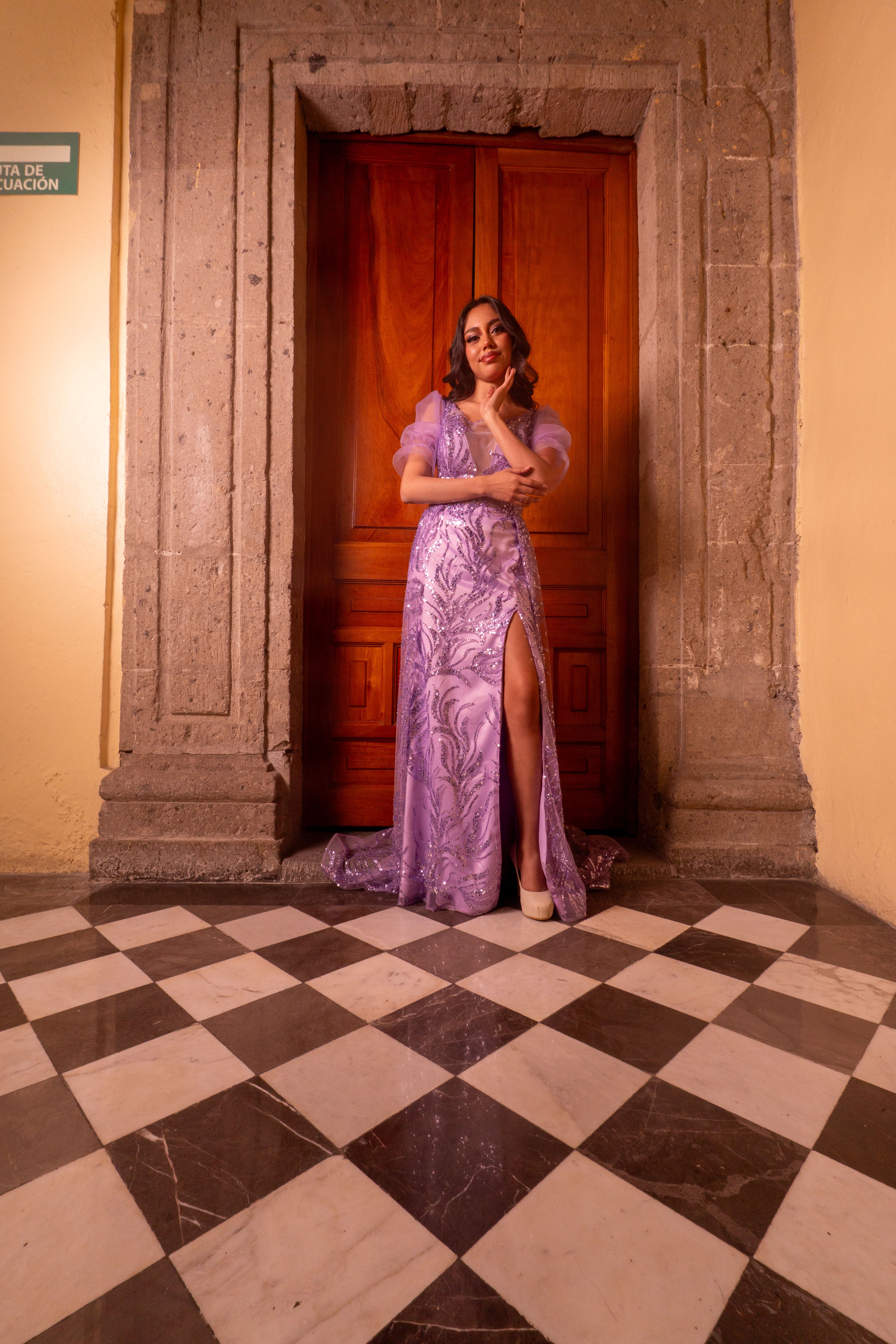 Elegant Woman in Lavender Gown in Historic Mexico Setting