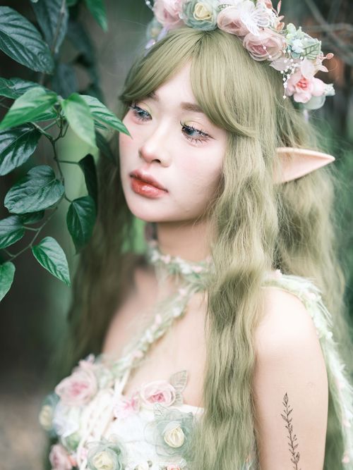 Free A mystical portrait of an elf with a floral headpiece, set in a lush forest. Stock Photo