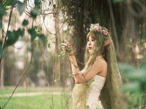 Free Captivating image of a fantasy elf woman amidst a lush, mystical forest landscape. Stock Photo