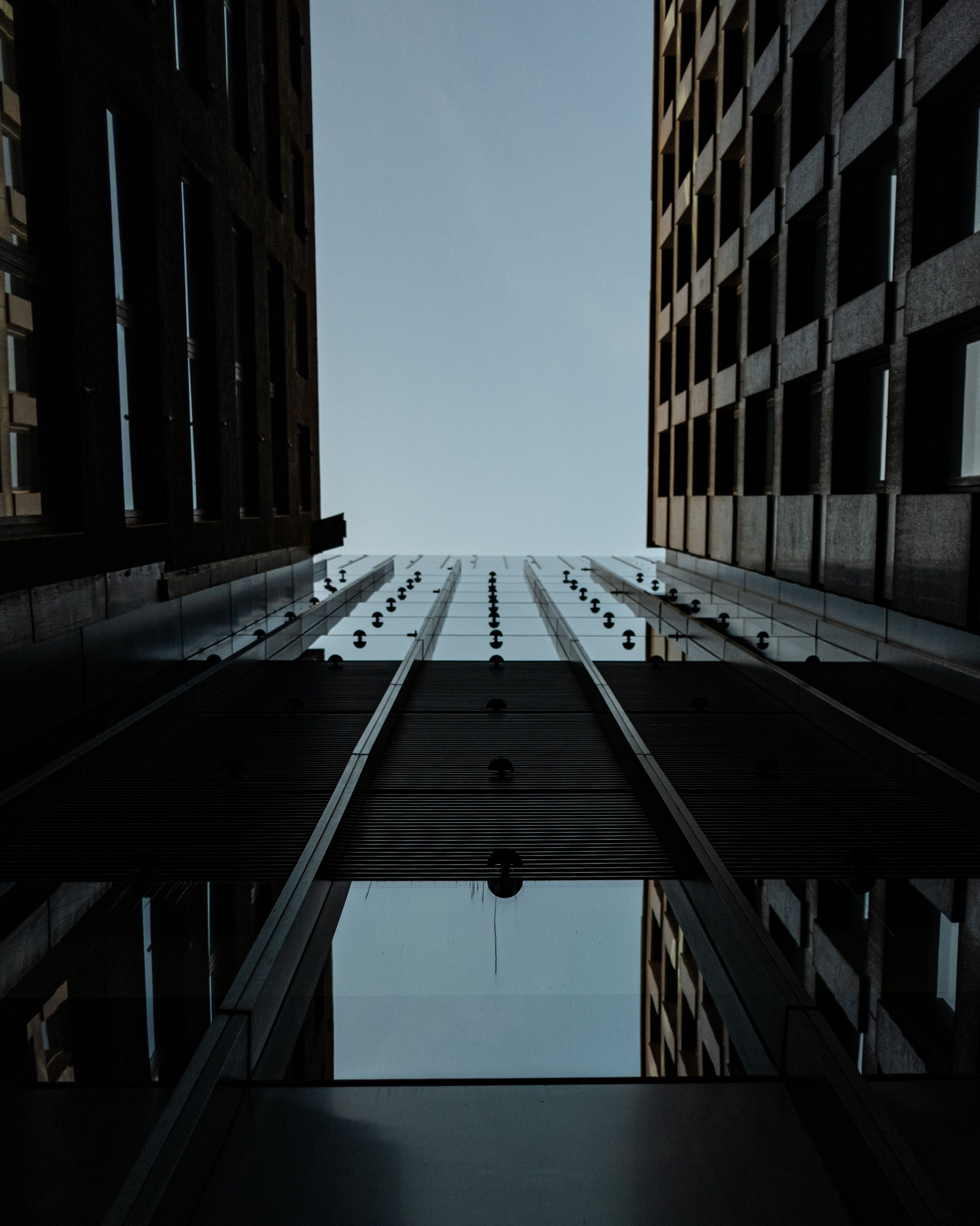 Looking up at modern skyscrapers in Sydney, showcasing sleek architectural reflections against a clear sky.