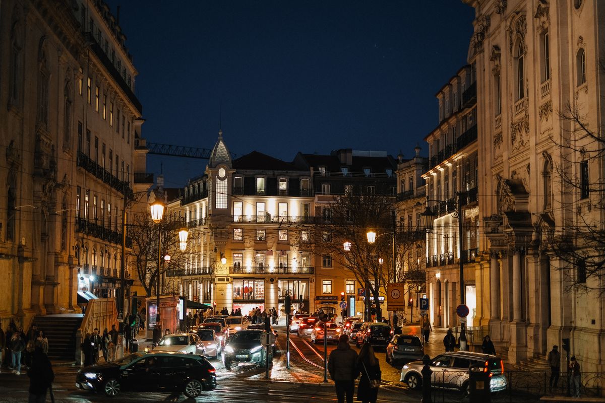 Lisbon street lit up at night