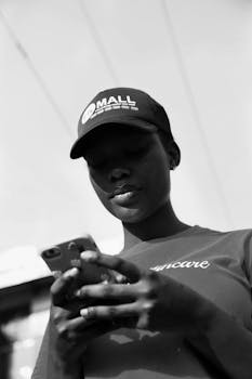 Black and white portrait of a young woman using a smartphone, outdoors in Abuja.
