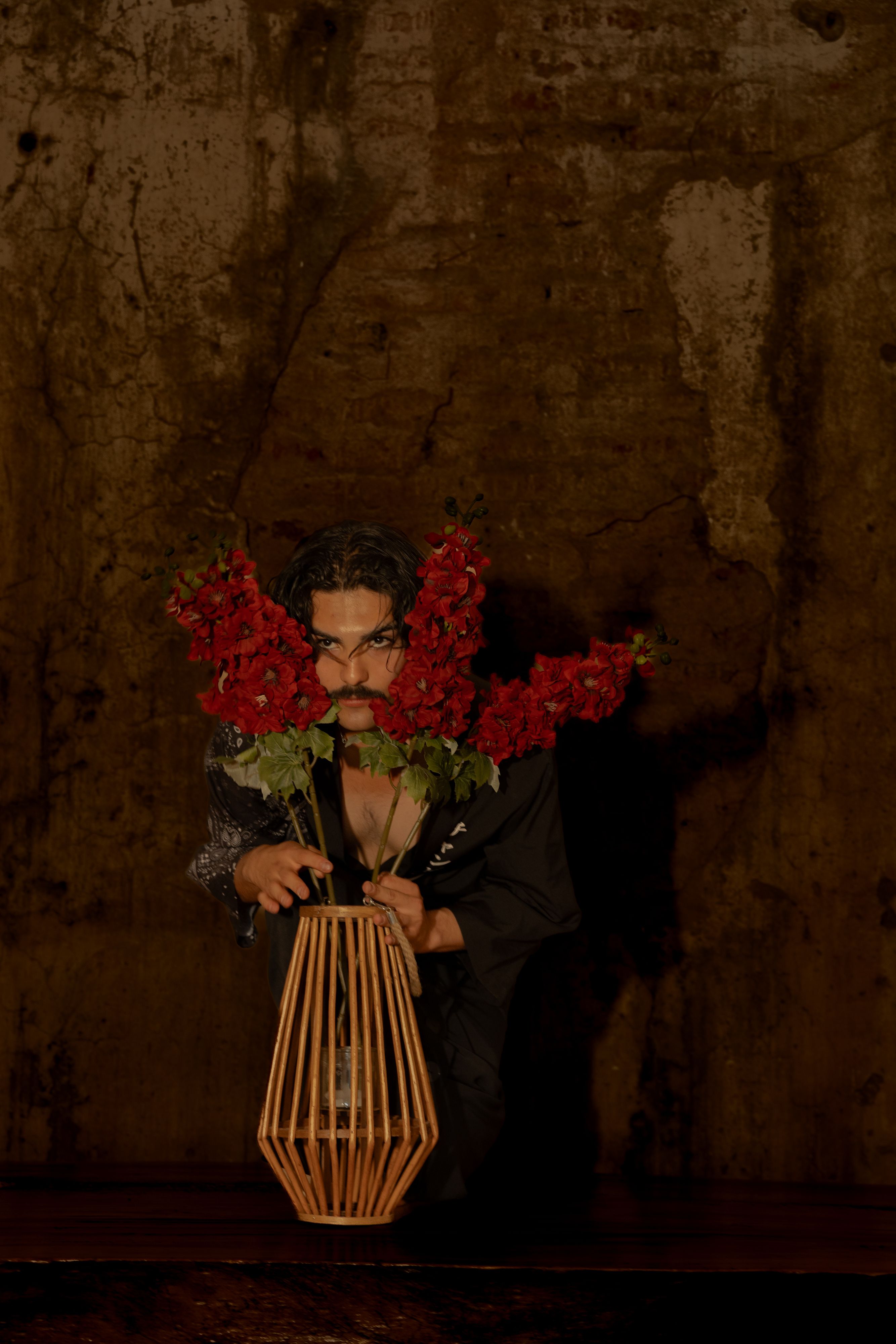 Dramatic Portrait with Red Flowers in Vase · Free Stock Photo