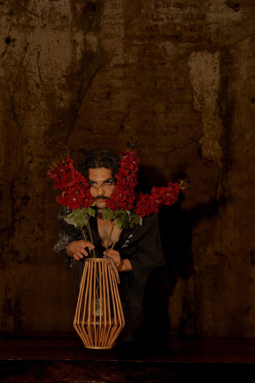 Dramatic Portrait with Red Flowers in Vase · Free Stock Photo
