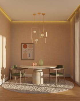 Cozy minimalist dining room with elegant decor and natural lighting.