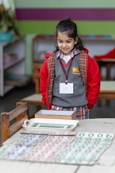 A child engaging with Montessori educational materials in a classroom setting.