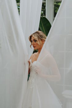 A beautiful bride in a wedding dress stands softly illuminated by natural light behind sheer curtains.