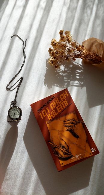 Still life with vintage pocket watch, book, and dried flowers on sunlit surface.