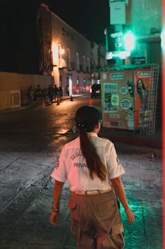 Private security walking through a neon-lit street in Mérida, Yucatán at night.
