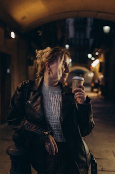 Chic woman with coffee in a dimly lit urban alleyway, showcasing city nightlife fashion.