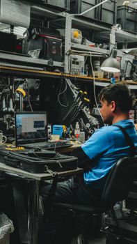 Engineer focused on laptop in cluttered workshop. Ideal for tech and industry themes.