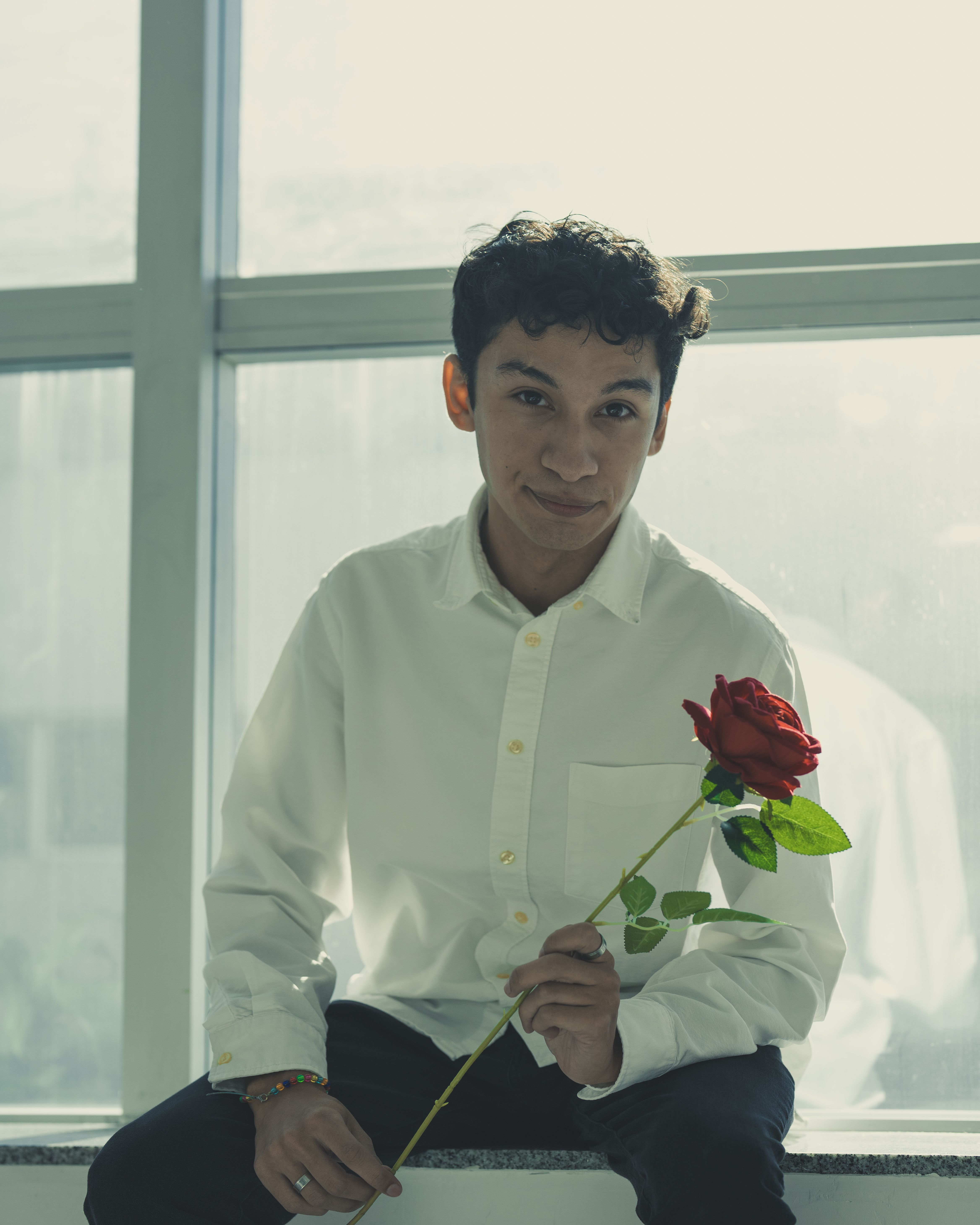 A young man sits by a window, holding a red rose, exuding a contemplative mood.