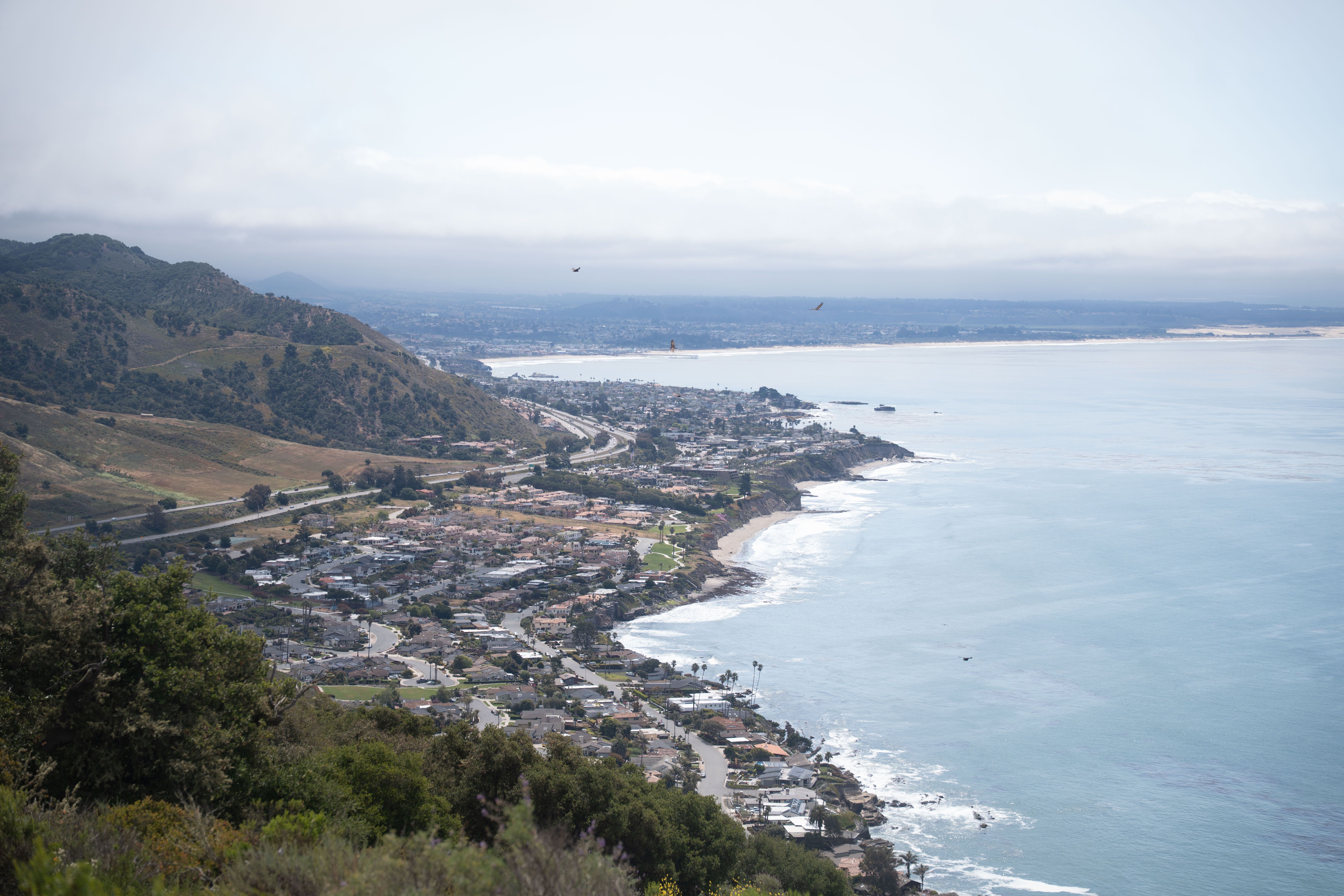 Scenic aerial view of a coastal city nestled between the ocean and lush hills under a clear sky.