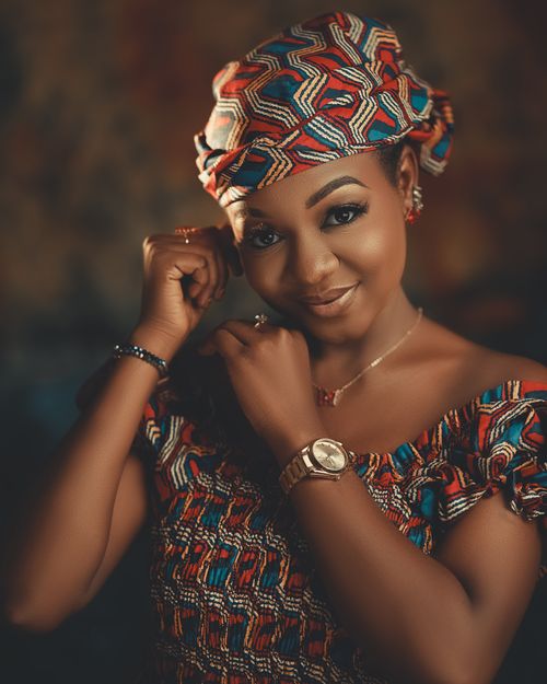 Free A smiling woman wearing colorful traditional attire and headwrap indoors. Stock Photo