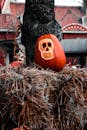 一个雕刻着骷髅图案的南瓜放在干草上，很适合万圣节的氛围
