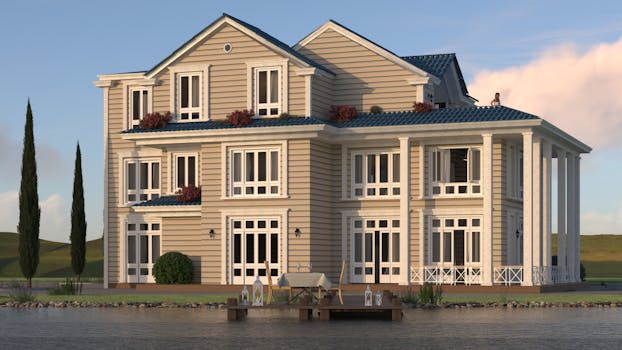 Charming three-story villa with lake view, surrounded by serene nature at sunset.