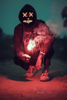 一个戴着霓虹灯面具的诡异人影，正蹲在户外黑暗中，手持闪闪发光的灯