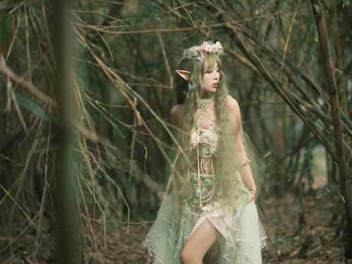 Free A mystical forest setting featuring a fantasy elf character with pointed ears and floral headpiece. Stock Photo