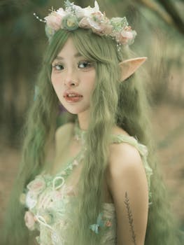 Portrait of a mystical forest elf with green hair and floral crown, in soft light.