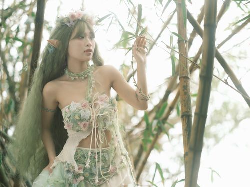 Free A whimsical scene in nature featuring a forest elf surrounded by bamboo. Stock Photo
