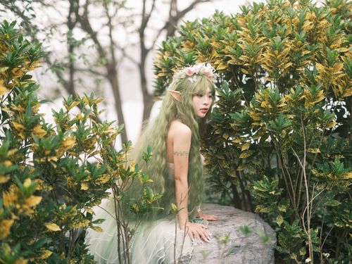 Free A captivating forest nymph with green hair and elf ears amidst lush greenery. Stock Photo