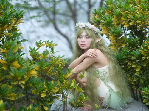 Free A mystical elf in a forest setting wearing a floral crown and green dress. Stock Photo
