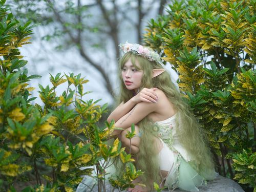 Free A whimsical fairy with pointed ears and floral crown sits amidst vibrant greenery. Stock Photo