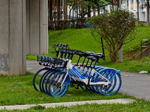 Free A lineup of blue and white rental bikes parked outdoors beside a concrete structure. Stock Photo
