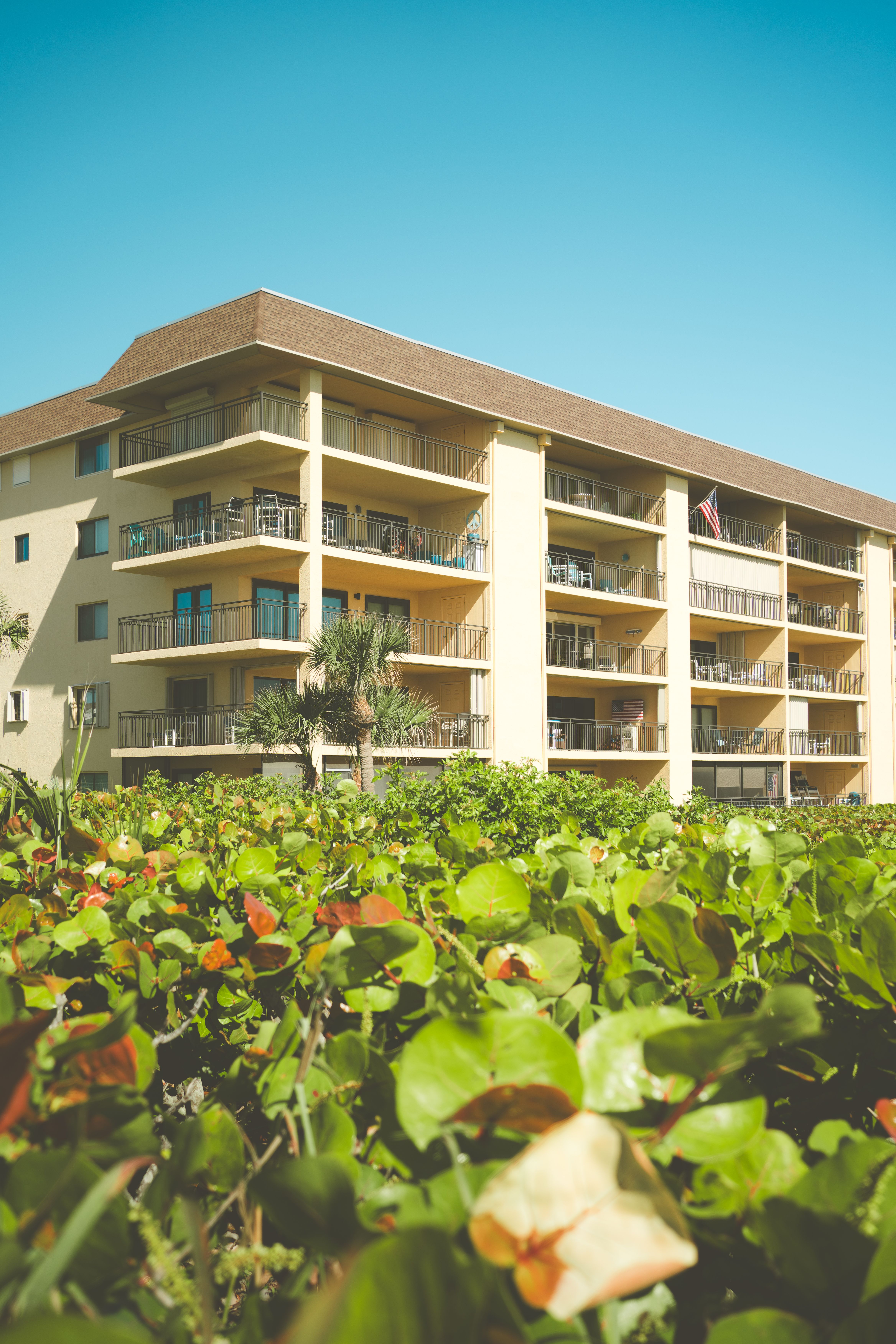 A modern apartment building surrounded by lush greenery under a clear blue sky.