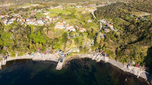 Free Aerial view of a vibrant village with lush greenery and coastline. Stock Photo